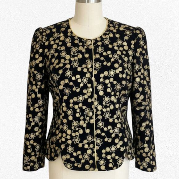 80s Vintage Black Velvet Gold Metallic Brocade Embroider USA Made Jacket Size 14 - Picture 1 of 10